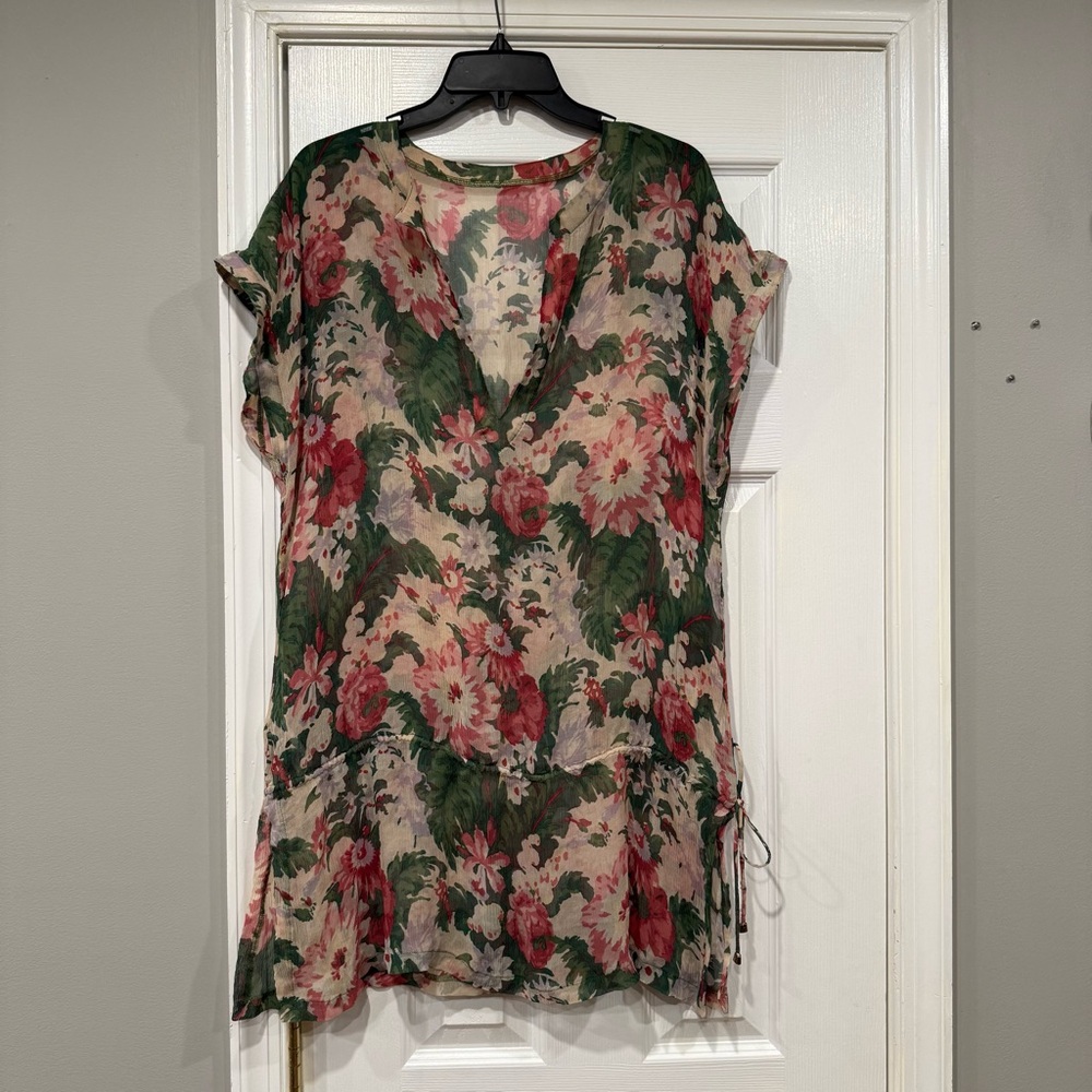 Andres Sarda Floral Sheer Tunic Dress Swim Cover Up Silk Green Pink Cream Medium